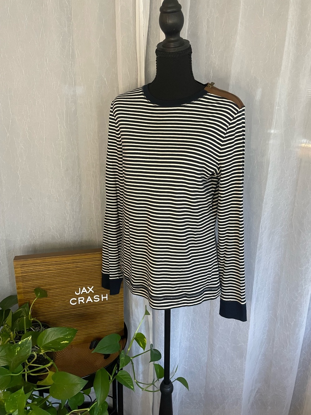 Ralph Lauren Black & White Striped Long-Sleeve Top with Brown Shoulder Patch